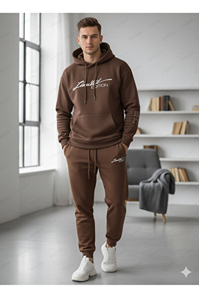 ALİ.COM Men's Hooded Winter'Limited' Printed Three Yarn-In-Cotton Tracksuit Set-Top and Bottom Set