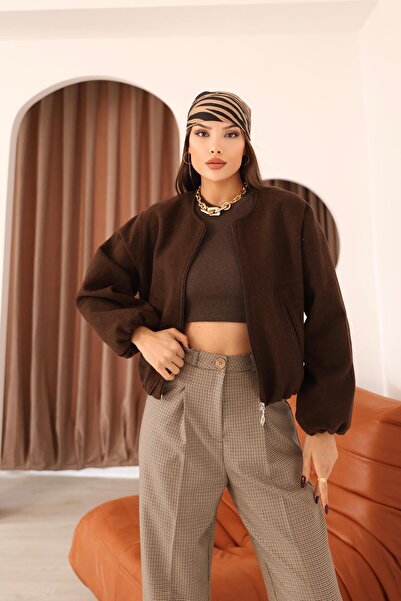 Hazel Women's Brown Cashmere Crew Neck Bomber Jacket