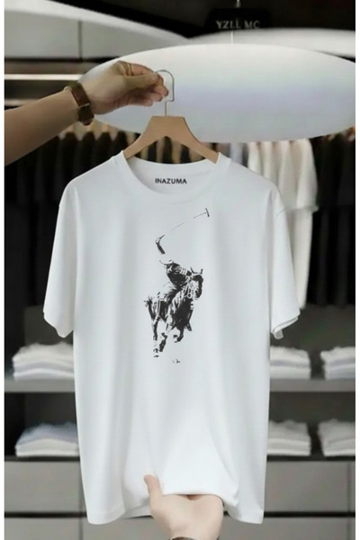 İnazuma Outdoors Unisex Oversized Printed Cotton Crew Neck Short Sleeve White T-Shirt Horse Hockey