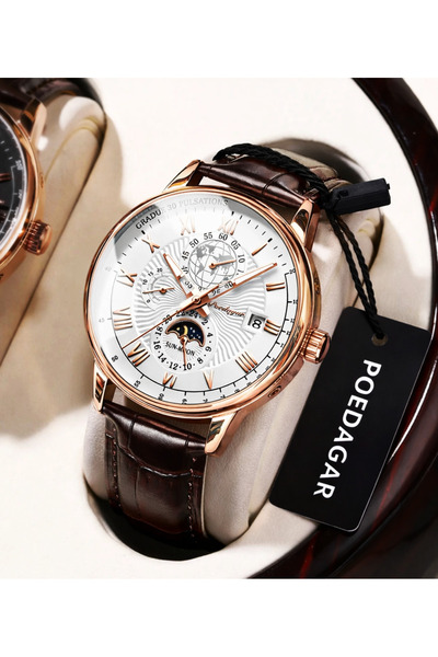 POEDAGAR Deri Kordon Lüks Şık Erkek Kol Saati
