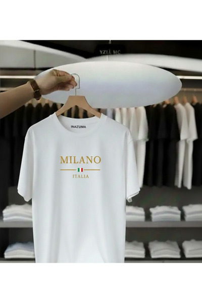 İnazuma Outdoors Unisex Oversized Printed Cotton Crew Neck Short Sleeve White T-Shirt Milano Gold Plain