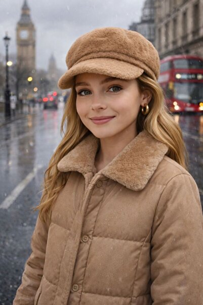 FELLMENS Căciulă de pluș cu textura moale Camel, pălărie pentru fete, 10-18 ani