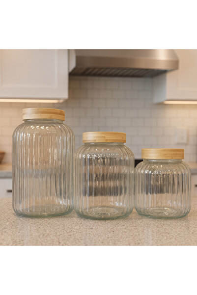 Akyol BAMBU KAPAKLI CAM ÇİZGİLİ KAVANOZ 3 LÜ SET