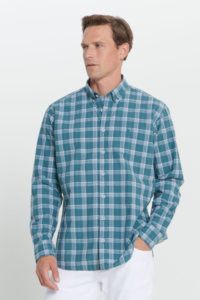 ALTINYILDIZ CLASSICS Зелено-бяла удобна риза с кариран десен, 100% памук, с копчета и яка