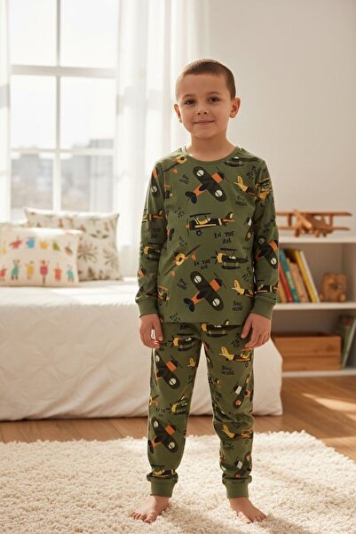 İsobel Kids HAKİ YEŞİLİ HELİKOPTER DESENLİ %100 PAMUK SÜPREM KUMAŞ ERKEK ÇOCU...