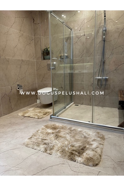 Doğuş Peluş Halı Batik Tavşan Bej Kaymaz Tabanlı 2'li Banyo Halısı Seti