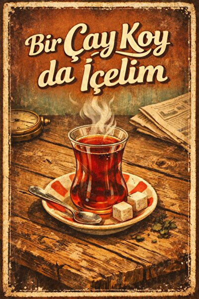 BiveSa "Bir Çay Koy Da İçelim" Retro Ahşap Poster