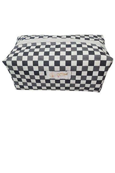 dora ev tekstıl حقيبة مكياج ومنظم باللون الأسود والرمادي بنقشة الشطرنج《قماش ا...