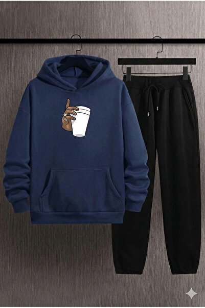 Trend Sizde Unisex Navy Blue Cup Printed Hooded Sweatshirt Tracksuit Set