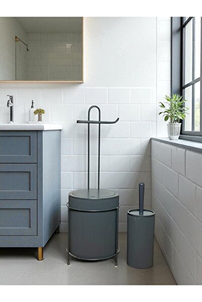 moontime alaçatı Antrasit Gri Temizlik Seti: Çöp Kovalı, WC Kağıtlık ve Tuval...