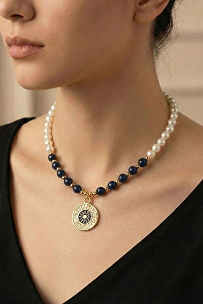 Pemila Design Zodiac Sign Medallion Figured Smoked Pearl and Glass Bead Gold ...