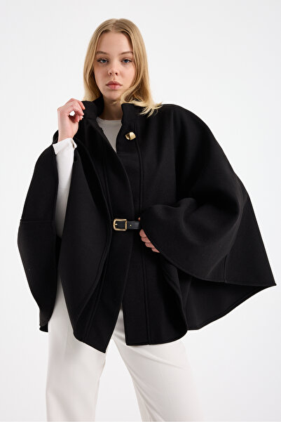 Lia Blanco's Women's Gold Button Detailed Belted Black Poncho