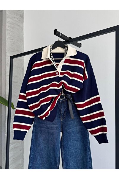 FERZOLAİO Striped Polo Neck Oversized Navy Blue Knitwear Sweater