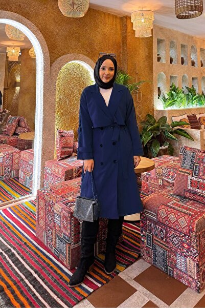 EBRUTESETTÜR Trench Coat with Belt Detail and Shoulder Epaulettes Navy Blue