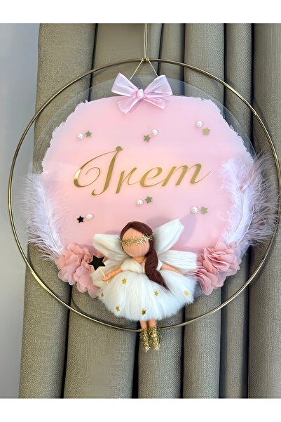 Bebika Kişiye Özel İsimli Gold Çemberli Pembe Melek Kapı Süsü