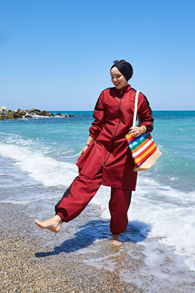 EBRUTESETTÜR Full Length Zippered Paneled Hijab Swimsuit Burgundy
