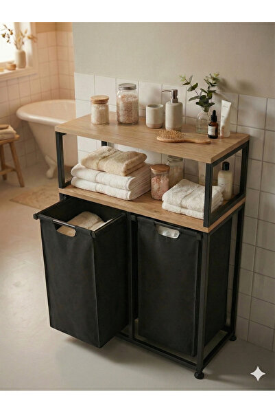 moontime alaçatı Metal Kızaklı Çamaşır Sepeti, 2 Katlı, 40 LT, Raflı, Banyo D...