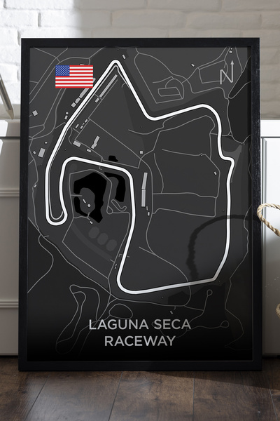 Duvarda Hartă a pistei Laguna Seca Poster cu ramă din lemn negru, pictură dec...