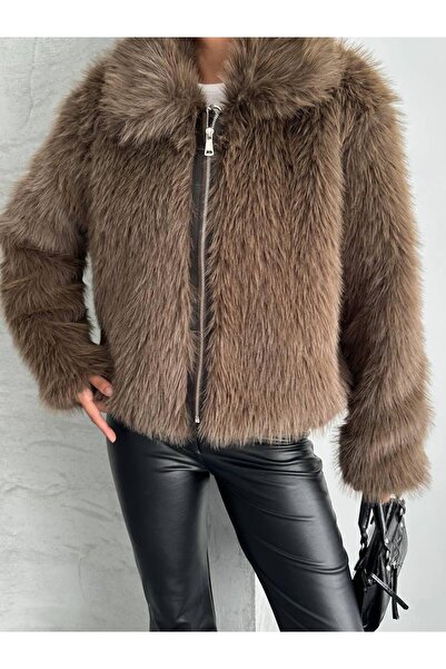 Lunea Womens Kadın Kahverengi Yakalı Fermuarlı Yumuşak Dokulu Premium Kürk