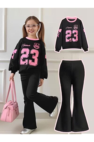 Kids 23 Baskılı Üst Alt Siyah İspanyol Paça