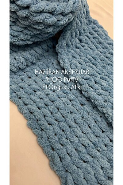 Haziran Aksesuar %100 Puffy Yumuşacık El Örgüsü, Unisex Atkı (Bebe Mavi)