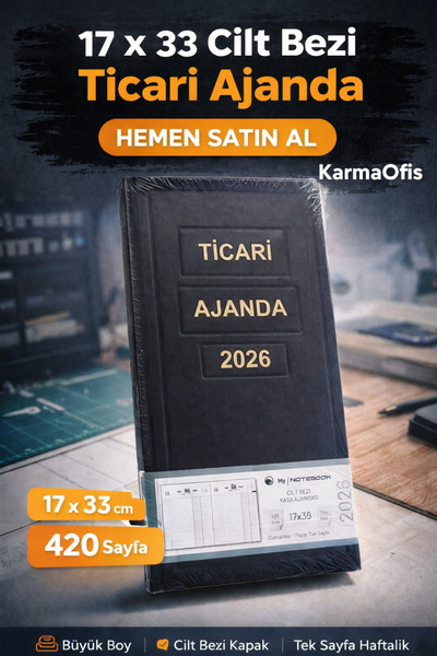 KarmaOfis Ticari Ajanda 17x33 Cilt Bezi – Büyük Boy Kasa Ajandası 420 Sayfa