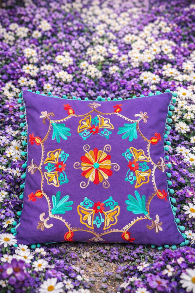 Miss Boheme Purple Color Lavender Garden Embroidered Pompom Bohemian Pillow C...