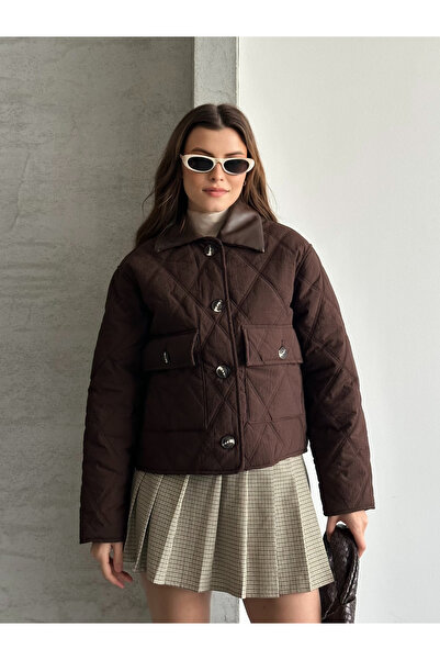 FERZOLAİO Short Quilted Brown Coat with Leather Collar