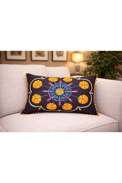 Miss Boheme Brown Earth Flower Embroidered Pompom Bohemian Pillowcase