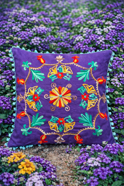 Miss Boheme Purple Color Lavender Wreath Embroidered Pompom Bohemian Pillow C...