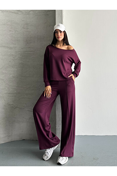 FERZOLAİO Asymmetrical Collar Off-Shoulder Burgundy Tracksuit Set