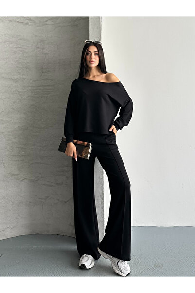 FERZOLAİO Asymmetrical Neckline Off Shoulder Black Tracksuit Set