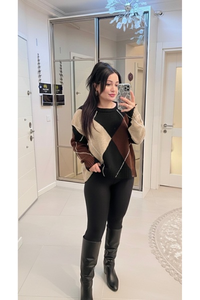 ABBA Women's Diamond Patterned Oversized Knitwear Trend Sweater