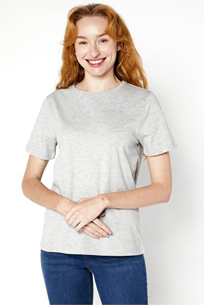 NA-KD Women Crew Neck Short Sleeves Embroidered T-Shirt, Heather Grey