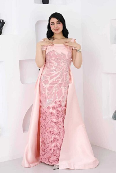 LAMSAT LATIN Pink dress with sparkling embroidery and 3D roses