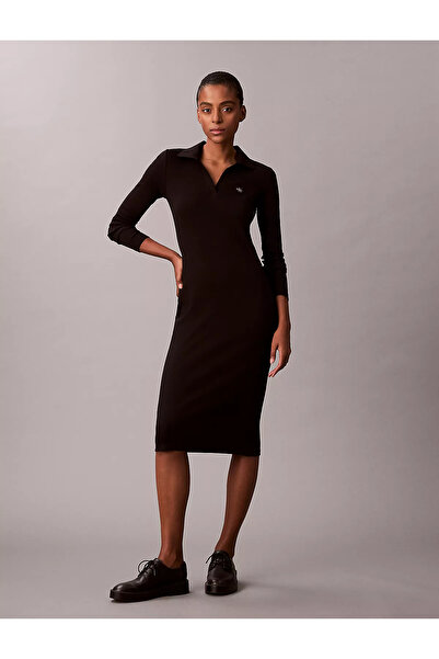 Calvin Klein Women's Slim Fit Cotton Midi Length Black Dress Lv047E202G-Ub1