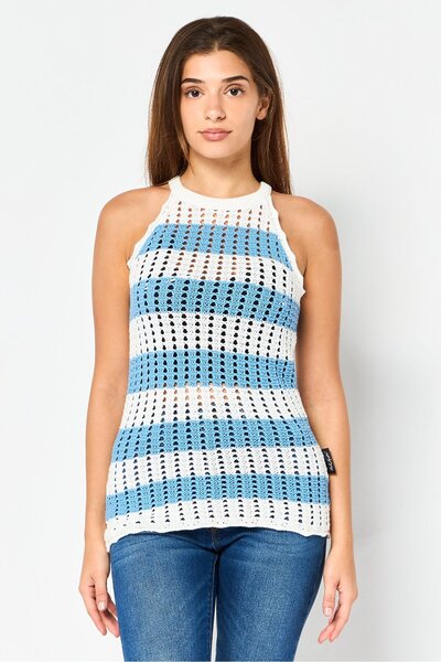 Karl Lagerfeld بلوزة نسائية مخططة بدون أكمام ورقبة دائرية، متعددة الألوان