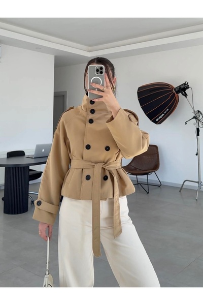 Avakado Kışa Trençkot Kuşaklı Düğme Detaylı