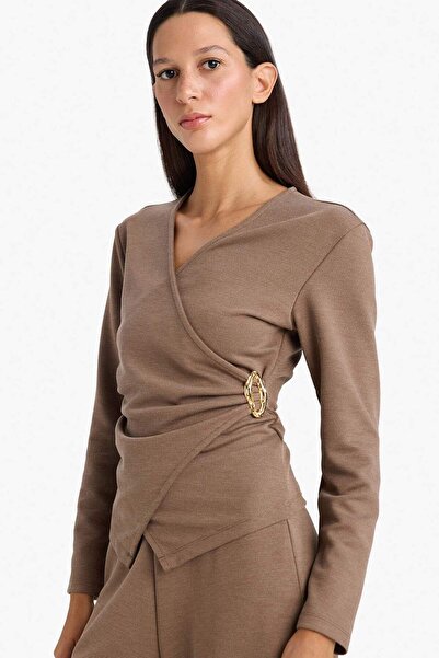 DeFacto Regular Fit Wrap Collar Accessory Detailed Long Sleeve Blouse G8816Ax...