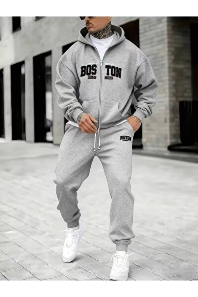 CLASSY.MODA Set de trening casual pentru bărbați, cu glugă și fermoar, cu imp...