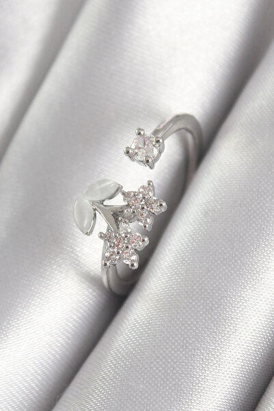 shopwave خاتم نسائي نحاسي فضي اللون مرصع بحجر الزركون على شكل زهرة - TJ-BYK3068