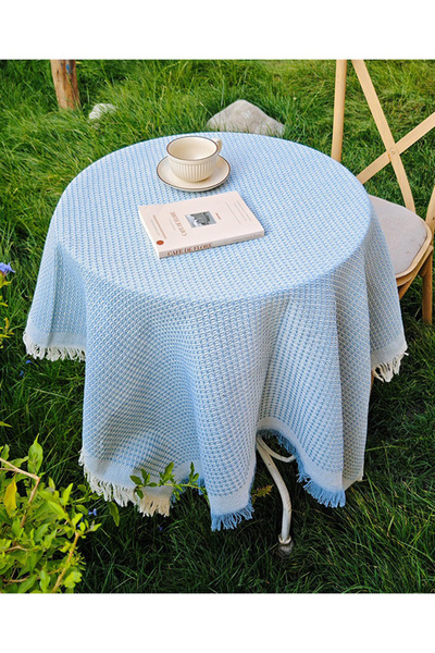 Generic مفرش طاولة من خيوط القطن، غطاء طاولة ريفي من الخيش مع شرابة، 90 × 90 سم