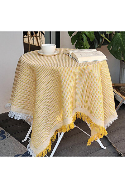 Generic مفرش طاولة دائري من خيوط القطن، أصفر/أبيض، 90 × 90 سم