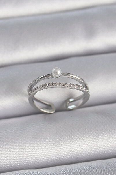 shopwave خاتم نسائي نحاسي فضي اللون بحجر الزركون واللؤلؤ قابل للتعديل - TJ-BY...