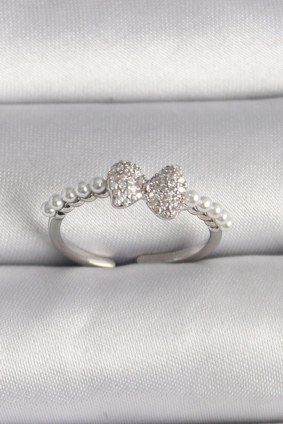 shopwave خاتم نحاسي فضي اللون بحجر الزركون وتفاصيل لؤلؤ قابل للتعديل - TJ-BYK...