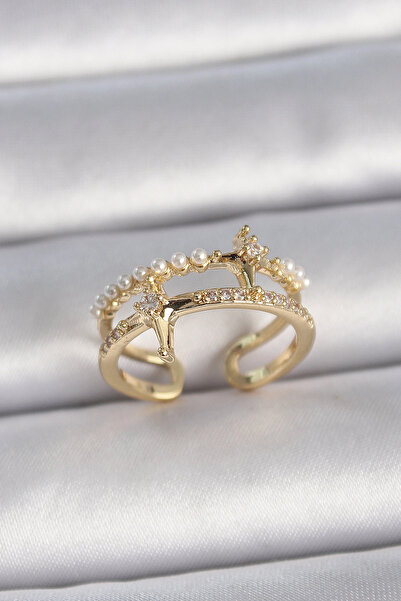 shopwave خاتم نسائي نحاسي ذهبي اللون قابل للتعديل بحجر الزركون واللؤلؤ على شك...