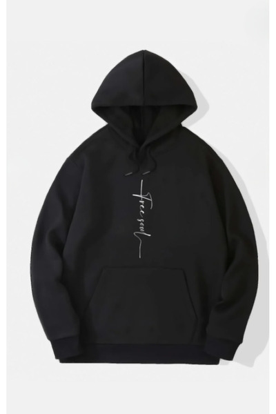ALCİNOUS Black Free Soul Printed Hooded Sweatshirt