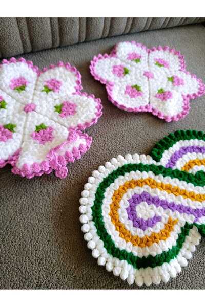 Esram Butik Banyo Lif, Çeyizlik, Pembe Detaylı Hediyelik El Örgüsü Üçlü Takım...