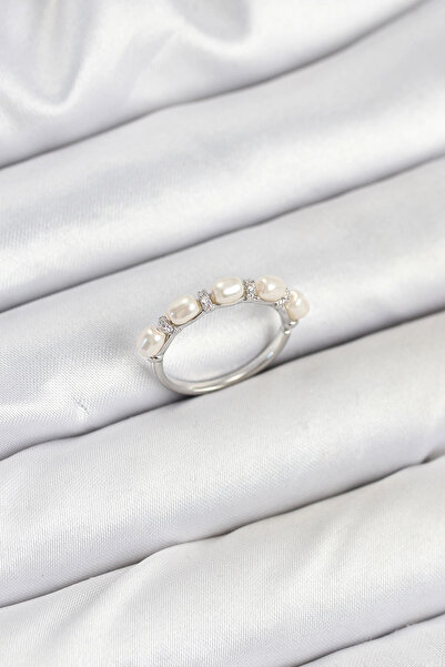 shopwave خاتم نسائي من النحاس الفضي اللون مع لؤلؤ متسلسل - TJ-BYK3845