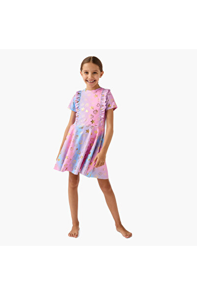 Juniors Printed Swimsuit Dress with Ruffle Detail